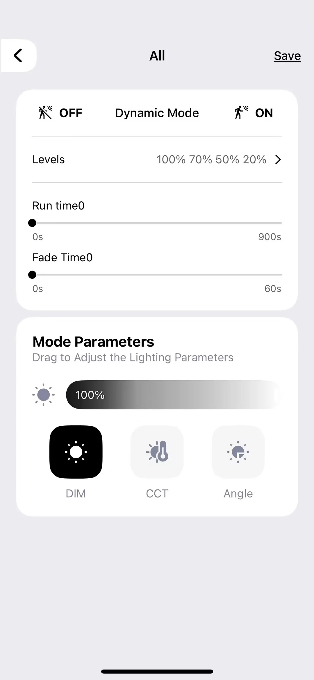 Sense app — Dynamic Mode parameters with brightness levels 100/70/50/20%, run time, fade time, and DIM/CCT/Angle controls